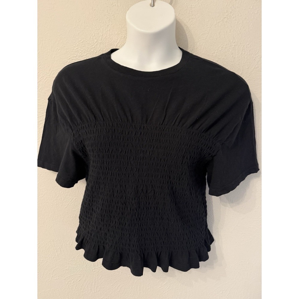 NWT Aerie size L pullover Smocked black cotton top t-shirt from 2025 ruffle hem